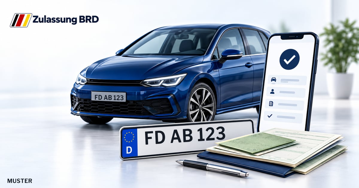 Online Fahrzeugzulassung in Petersberg: Musterkennzeichen FD AB 123, Auto und Fahrzeugpapiere und Smartphone. Illustration mit Logo von Zulassung BRD.